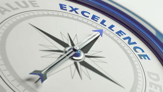 Abbild eines Kompasses, der statt mit den Polbezeichnungen mit Begriffen aus dem Qualitätsmanagement beschriftet ist. Die Kompassnadel zeigt auf die Beschriftung «Excellence».